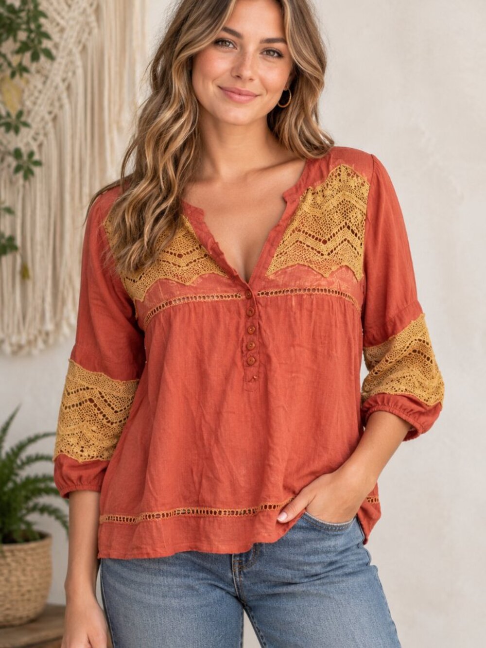 Orange Boho Crochet Rayon Blouse Women's Medium Peasant Top